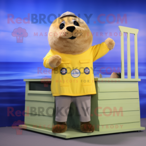 Yellow Seal mascot costume character dressed with a Cargo Shorts and Hair clips