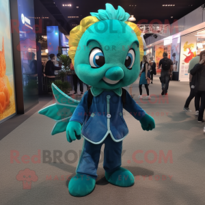 Teal Betta Fish mascot costume character dressed with a Playsuit and Lapel pins