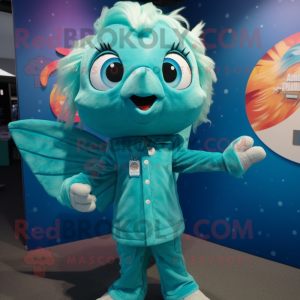 Teal Betta Fish mascot costume character dressed with a Playsuit and Lapel pins