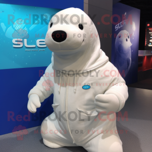 White Stellar'S Sea Cow mascot costume character dressed with a Hoodie and Brooches