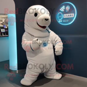 White Stellar'S Sea Cow mascot costume character dressed with a Hoodie and Brooches