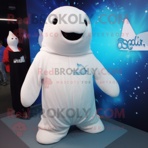 White Stellar'S Sea Cow mascot costume character dressed with a Hoodie and Brooches