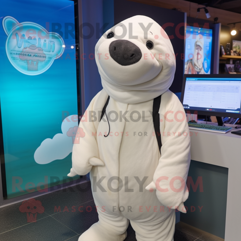 White Stellar'S Sea Cow mascot costume character dressed with a Hoodie and Brooches