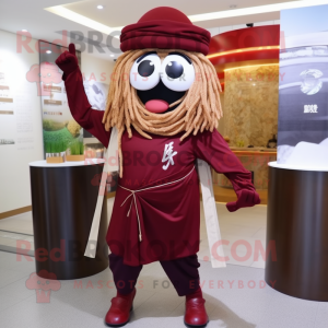 Maroon Ramen mascot costume character dressed with a Jeggings and Shoe clips