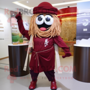 Maroon Ramen mascot costume character dressed with a Jeggings and Shoe clips