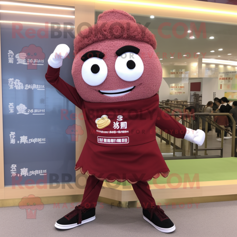 Maroon Ramen mascot costume character dressed with a Jeggings and Shoe clips Maroon Ramen mascot costume character dressed with a Jeggings and Shoe clips