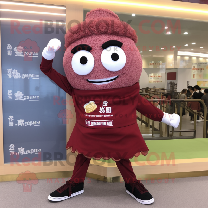 Maroon Ramen mascot costume character dressed with a Jeggings and Shoe clips