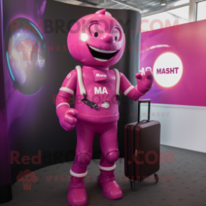 Magenta Astronaut mascot costume character dressed with a Blazer and Briefcases