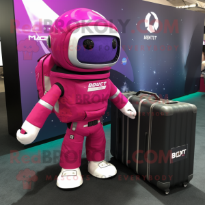 Magenta Astronaut mascot costume character dressed with a Blazer and Briefcases