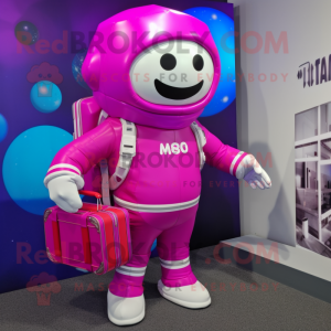 Magenta Astronaut mascot costume character dressed with a Blazer and Briefcases