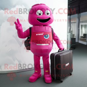 Magenta Astronaut mascot costume character dressed with a Blazer and Briefcases
