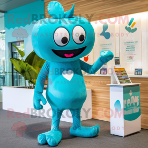 Turquoise Love Letter mascot costume character dressed with a One-Piece Swimsuit and Cufflinks