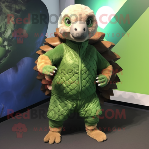 Green Pangolin mascot costume character dressed with a Vest and Shoe laces