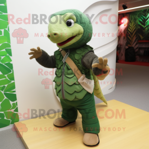 Green Pangolin mascot costume character dressed with a Vest and Shoe laces