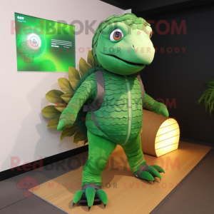 Green Pangolin mascot costume character dressed with a Vest and Shoe laces