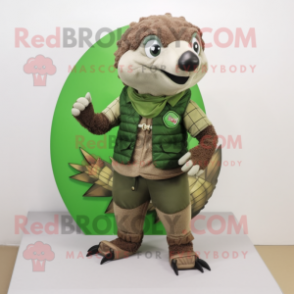 Green Pangolin mascot costume character dressed with a Vest and Shoe laces