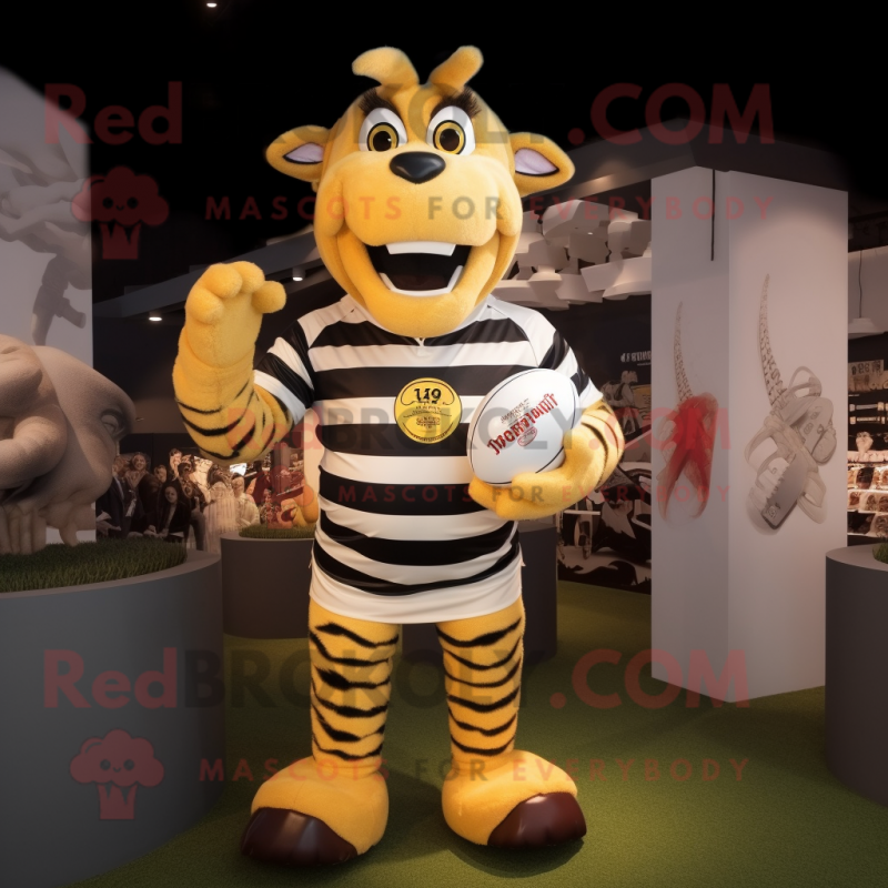 Gold Zebra mascot costume character dressed with a Rugby Shirt and Suspenders