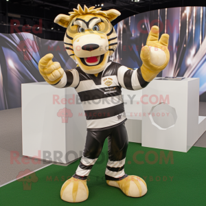 Gold Zebra mascot costume character dressed with a Rugby Shirt and Suspenders