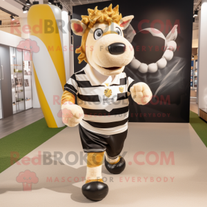Gold Zebra mascot costume character dressed with a Rugby Shirt and Suspenders