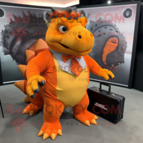 Orange Ankylosaurus mascot costume character dressed with a Culottes and Briefcases