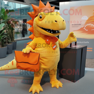 Orange Ankylosaurus mascot costume character dressed with a Culottes and Briefcases
