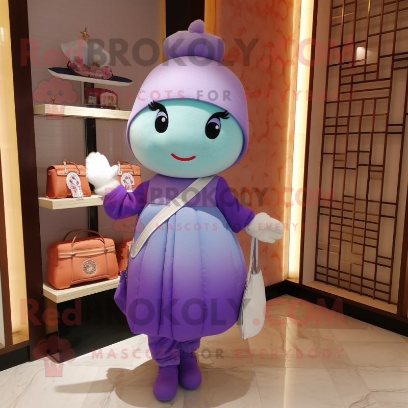 Lavender Dim Sum mascot costume character dressed with a Pencil Skirt and Handbags Lavender Dim Sum mascot costume character dressed with a Pencil Skirt and Handbags