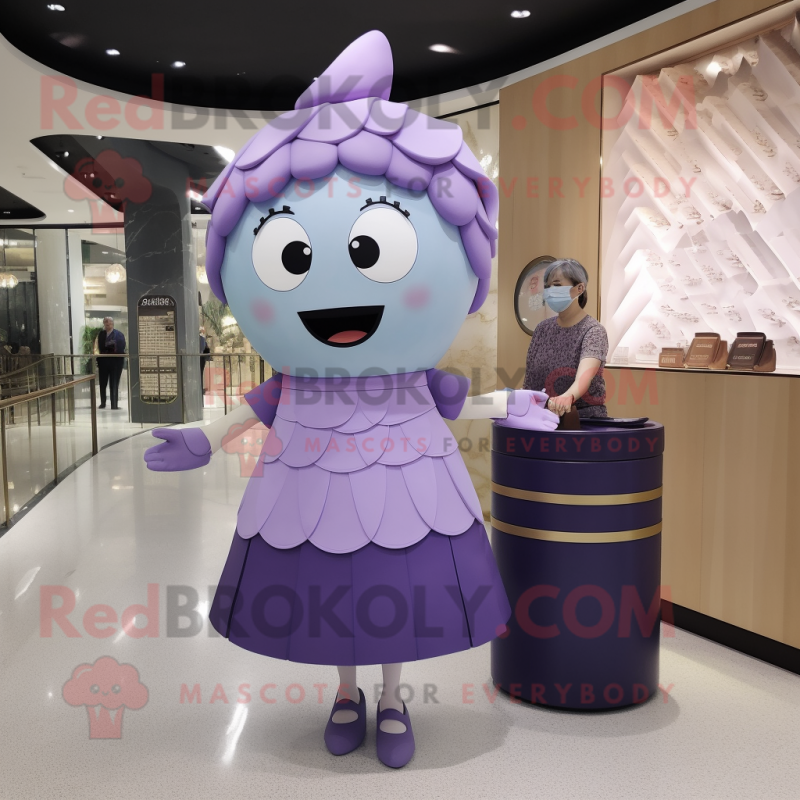 Lavender Dim Sum mascot costume character dressed with a Pencil Skirt and Handbags Lavender Dim Sum mascot costume character dressed with a Pencil Skirt and Handbags