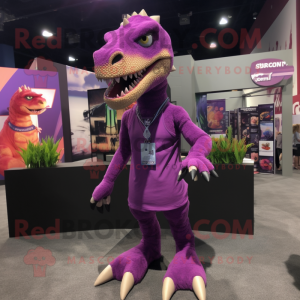 Purple Utahraptor mascot costume character dressed with a Tank Top and Headbands