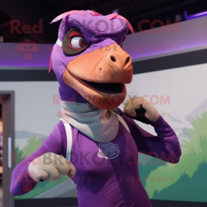 Purple Utahraptor mascot costume character dressed with a Tank Top and Headbands