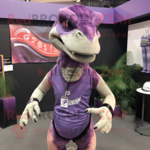 Purple Utahraptor mascot costume character dressed with a Tank Top and Headbands