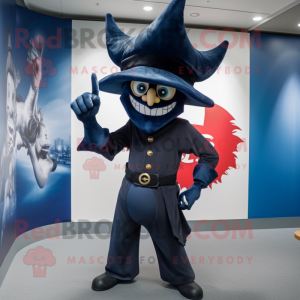Navy Demon mascot costume character dressed with a Skinny Jeans and Hat pins