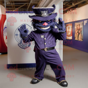 Navy Demon mascot costume character dressed with a Skinny Jeans and Hat pins