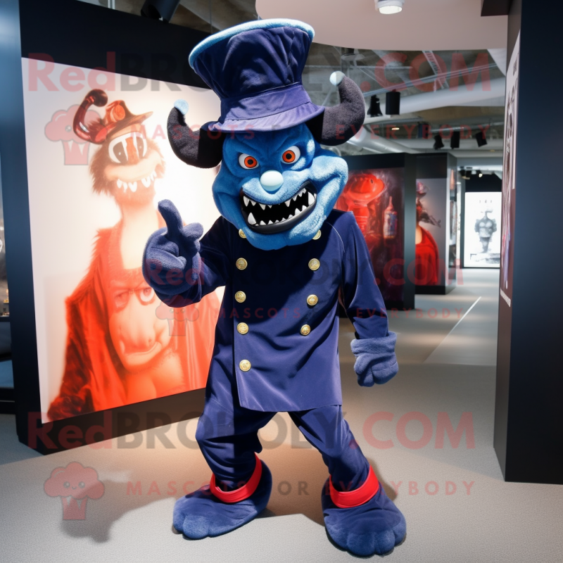 Navy Demon mascot costume character dressed with a Skinny Jeans and Hat pins