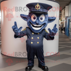 Navy Demon mascot costume character dressed with a Skinny Jeans and Hat pins