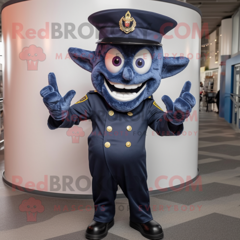 Navy Demon mascot costume character dressed with a Skinny Jeans and Hat pins Navy Demon mascot costume character dressed with a Skinny Jeans and Hat pins