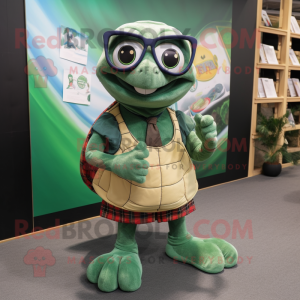 Forest Green Turtle mascot costume character dressed with a Culottes and Eyeglasses