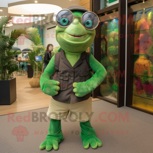 Forest Green Turtle mascot costume character dressed with a Culottes and Eyeglasses