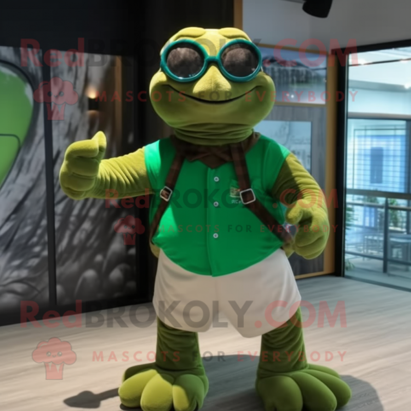 Forest Green Turtle mascot costume character dressed with a Culottes and Eyeglasses