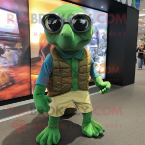 Forest Green Turtle mascot costume character dressed with a Culottes and Eyeglasses