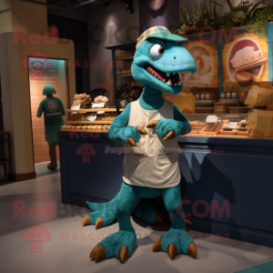 Teal Velociraptor mascot costume character dressed with a Overalls and Keychains