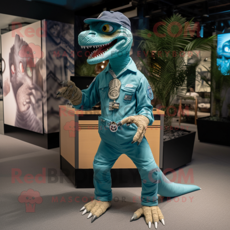 Teal Velociraptor mascot costume character dressed with a Overalls and Keychains