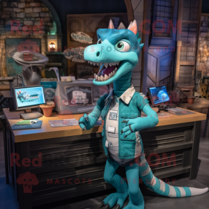 Teal Velociraptor mascot costume character dressed with a Overalls and Keychains