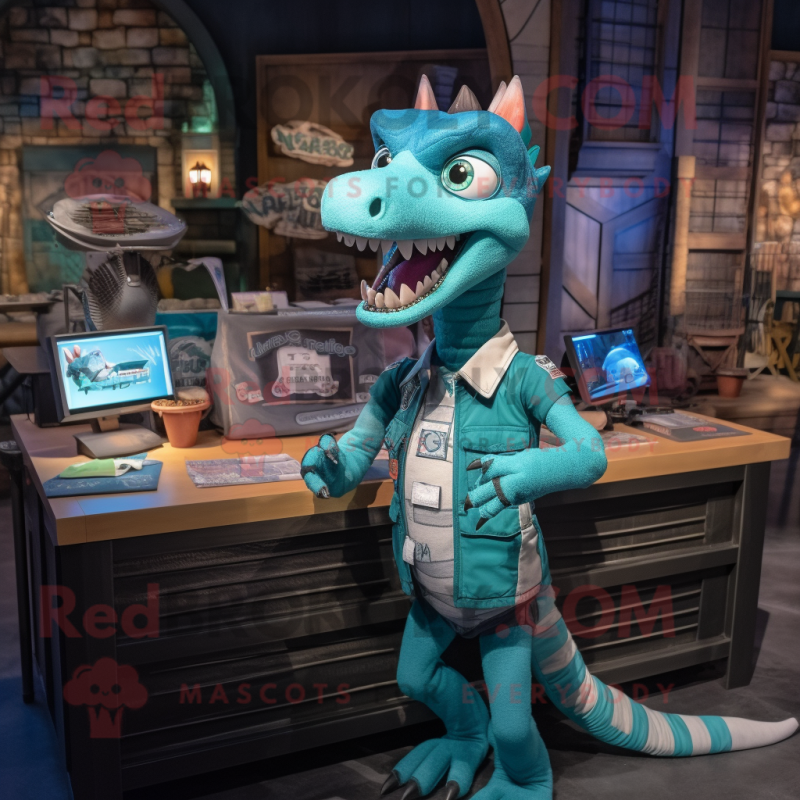 Teal Velociraptor mascot costume character dressed with a Overalls and Keychains Teal Velociraptor mascot costume character dressed with a Overalls and Keychains