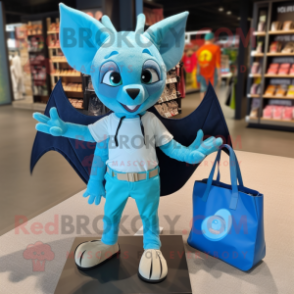 Cyan Bat mascot costume character dressed with a Jeggings and Tote bags