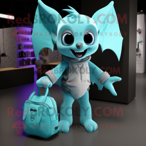 Cyan Bat mascot costume character dressed with a Jeggings and Tote bags