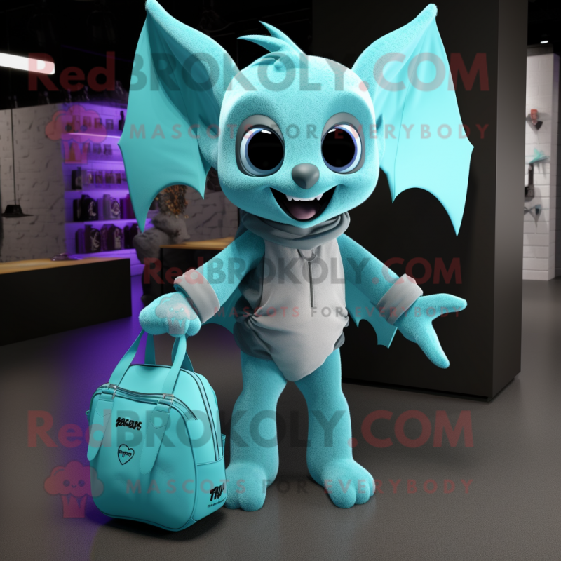 Cyan Bat mascot costume character dressed with a Jeggings and Tote bags Cyan Bat mascot costume character dressed with a Jeggings and Tote bags