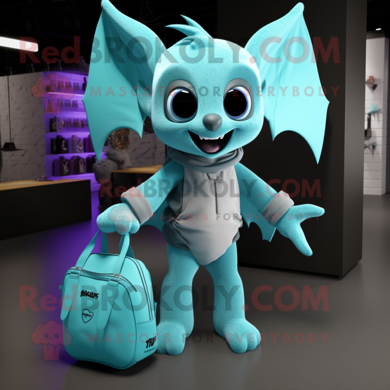 Cyan Bat mascot costume character dressed with a Jeggings and Tote bags