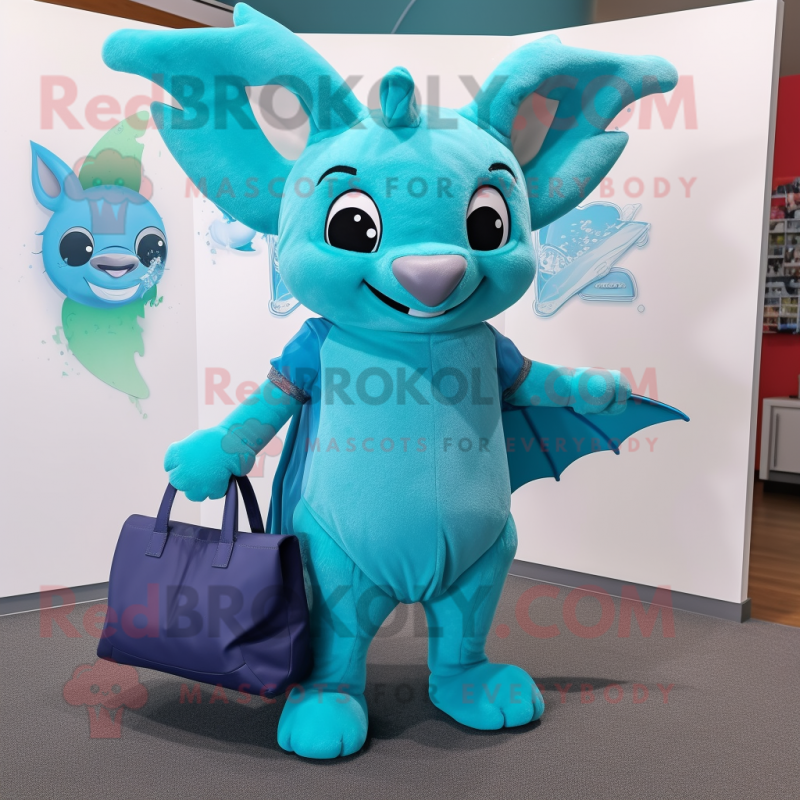 Cyan Bat mascot costume character dressed with a Jeggings and Tote bags