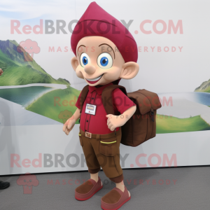 Maroon Elf mascot costume character dressed with a Cargo Pants and Clutch bags