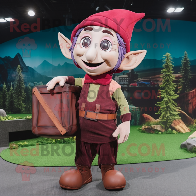 Maroon Elf mascot costume character dressed with a Cargo Pants and Clutch bags